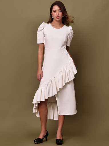 White  Party Wear Midi Ruffle Dress